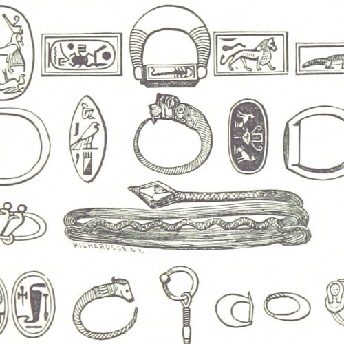 A black-and-white drawing of an array of Egyptian artifacts, including signet rings and bracelets.