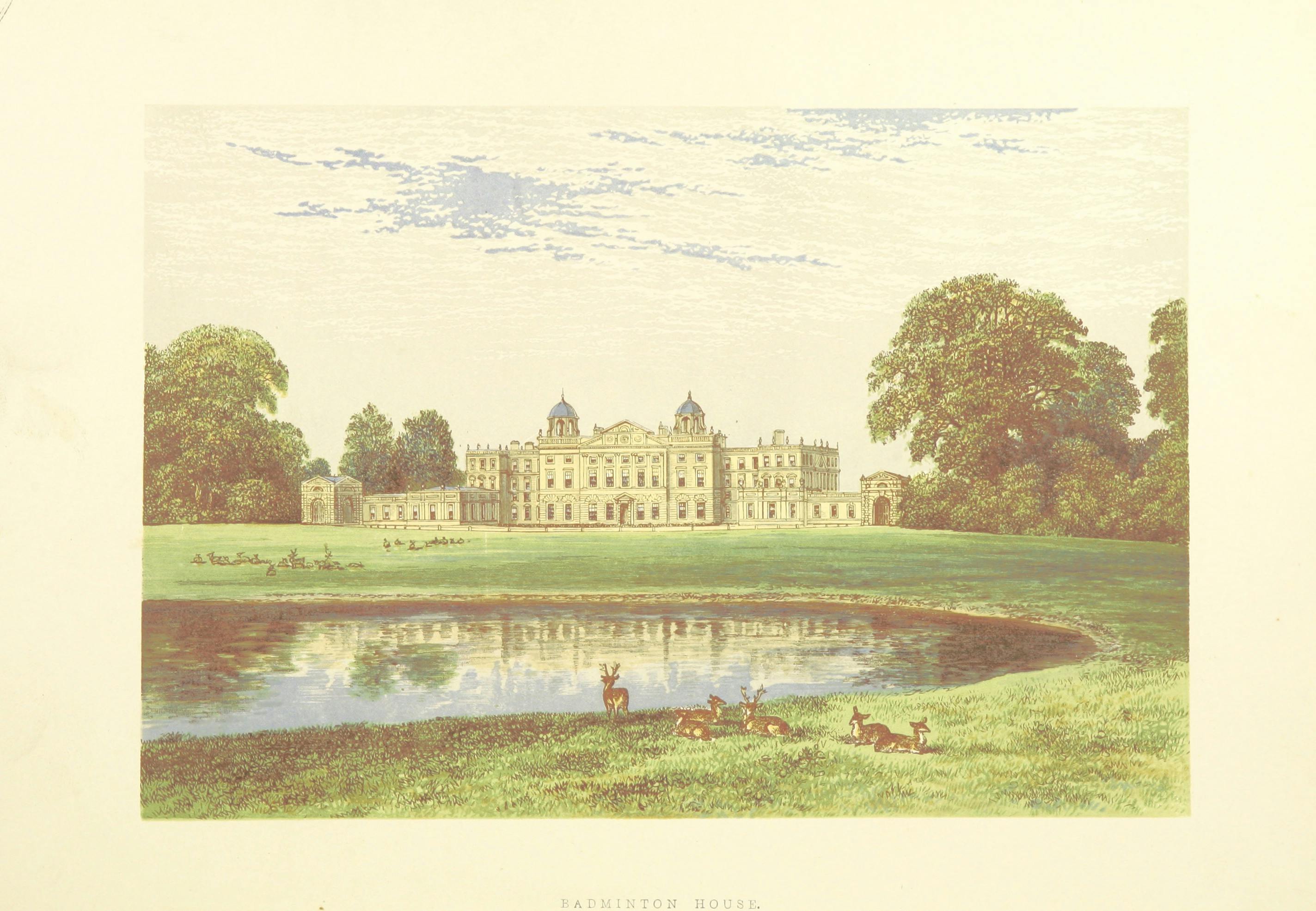 A color drawing of Badminton House in Gloucestershire, England, with a pond and lawn in front and decorative trees on each side. 