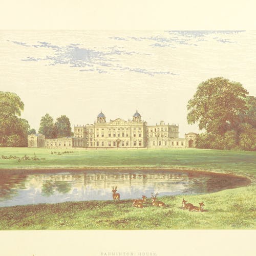 A color drawing of Badminton House in Gloucestershire, England, with a pond and lawn in front and decorative trees on each side. 