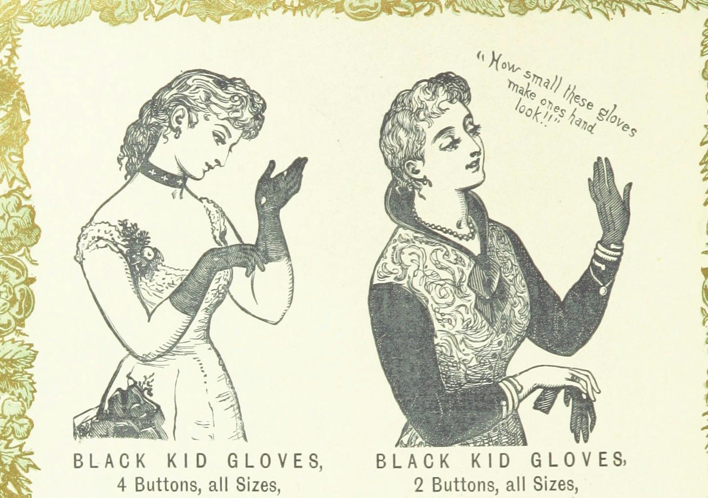 Two women trying on gloves and saying how small they make their hands look