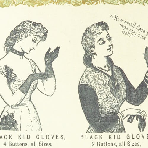 Two women trying on gloves and saying how small they make their hands look