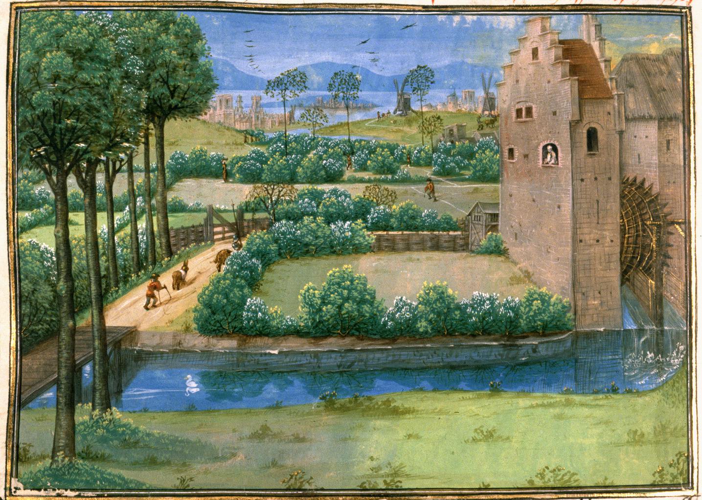 A color drawing of a stone house with a water wheel, set near a bay and with lawns and green bushes and trees all around.