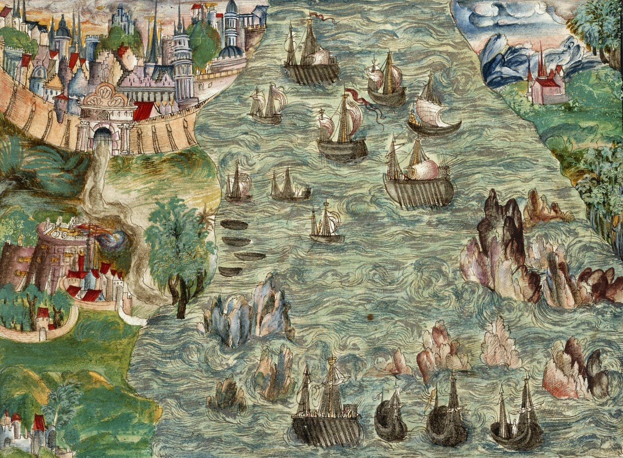 A color drawing of the harbor in Lisbon, with 13 ships tossed around in the treacherous waters