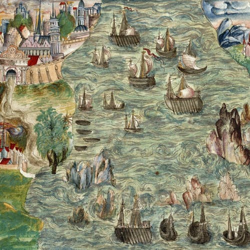 A color drawing of the harbor in Lisbon, with 13 ships tossed around in the treacherous waters