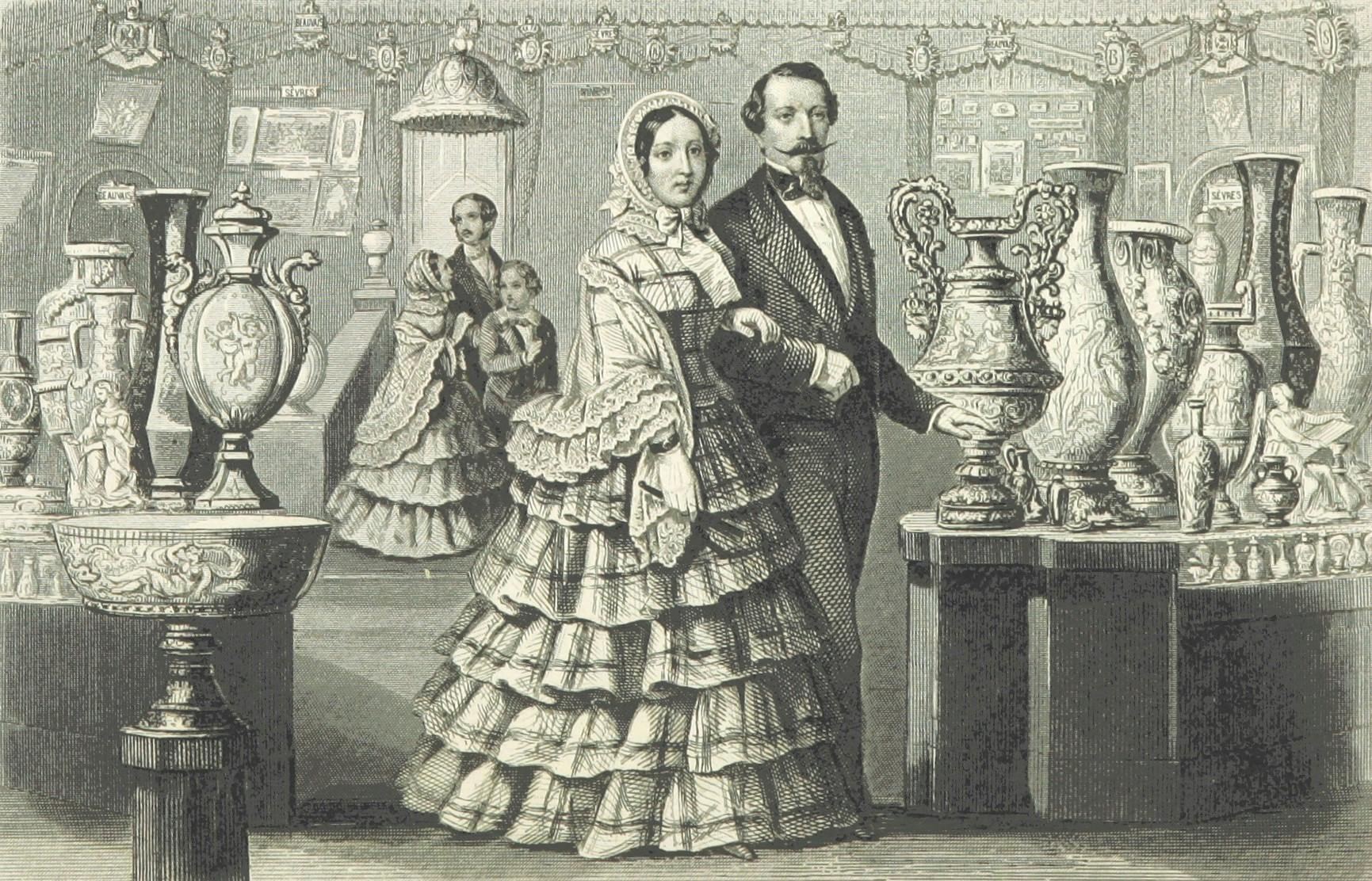 A black-and-white drawing of a man and woman in 1800's garb, in a store full of decorative vases. 