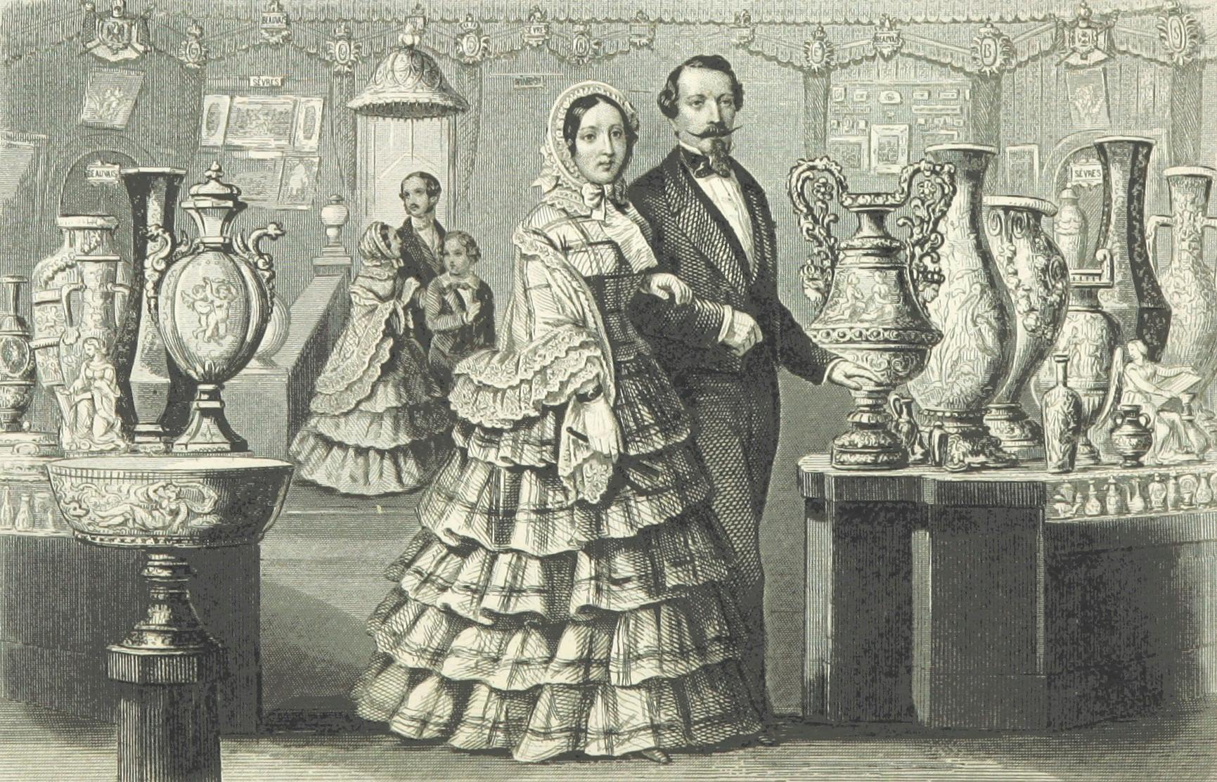 A black-and-white drawing of a man and woman in 1800's garb, in a store full of decorative vases.