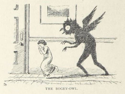 A pencil drawing of a little girl being chased down the hall by a menacing owl creature. The subtitle reads "The Bogeyowl."