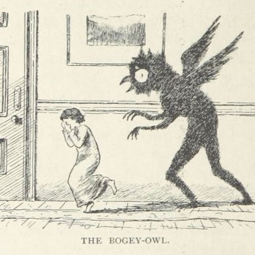 A pencil drawing of a little girl being chased down the hall by a menacing owl creature. The subtitle reads "The Bogeyowl."