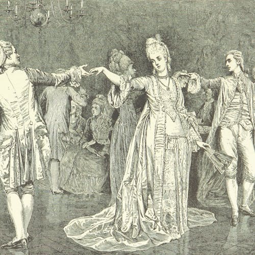 Drawing of two men and a woman in extremely fancy 1700s attire, dancing at a ball. 