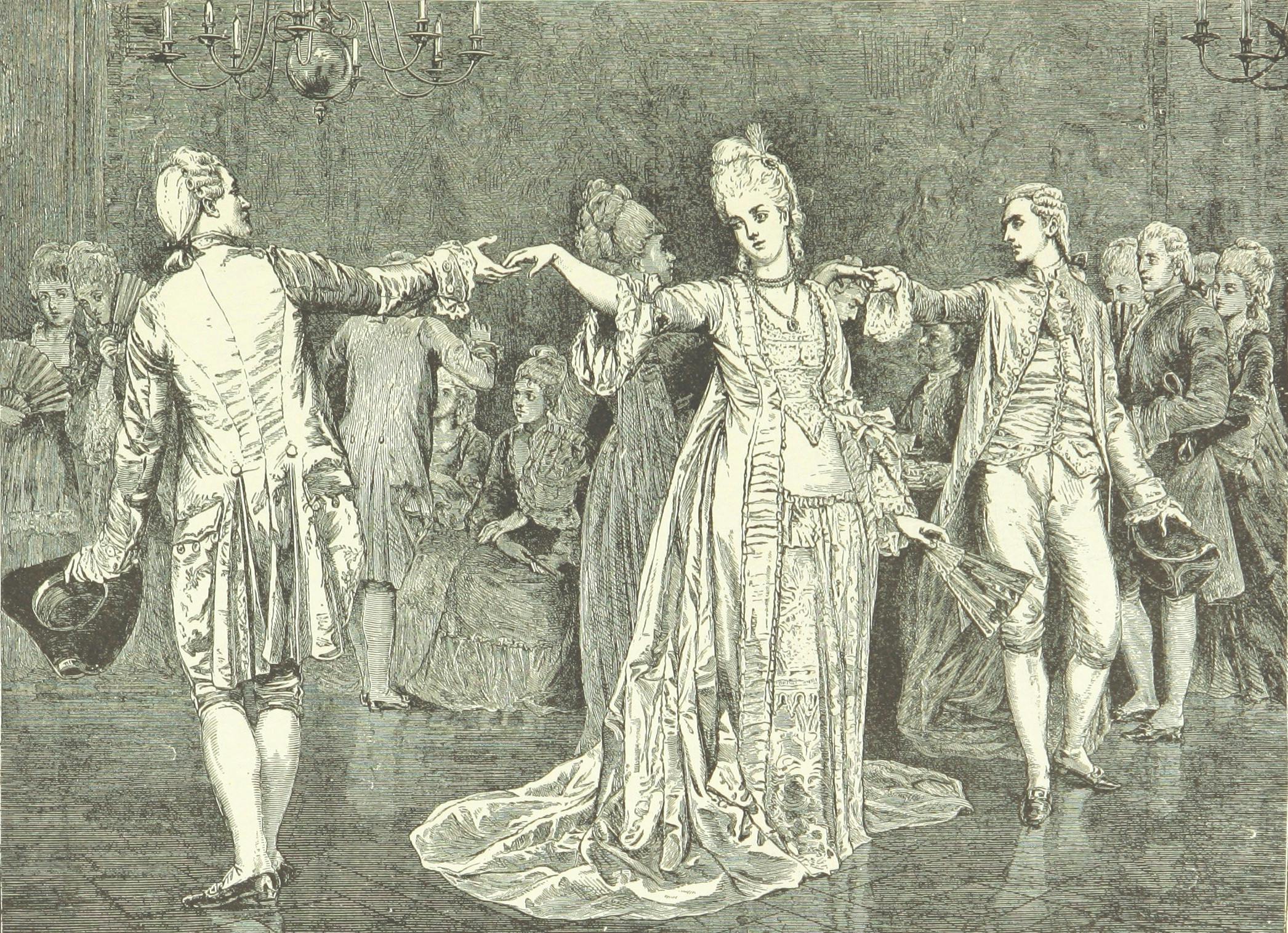 Drawing of two men and a woman in extremely fancy 1700s attire, dancing at a ball.