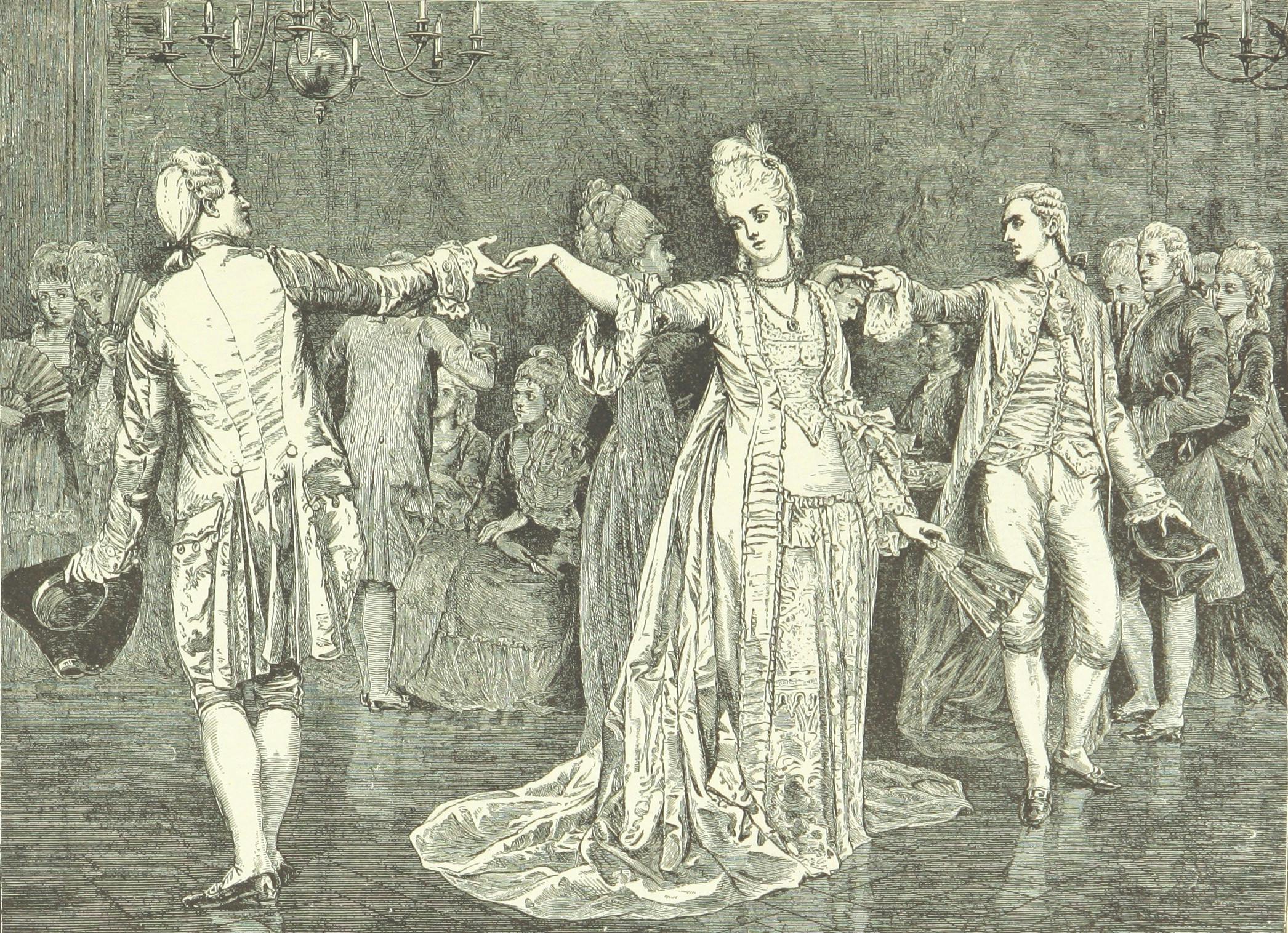 Drawing of two men and a woman in extremely fancy 1700s attire, dancing at a ball. 