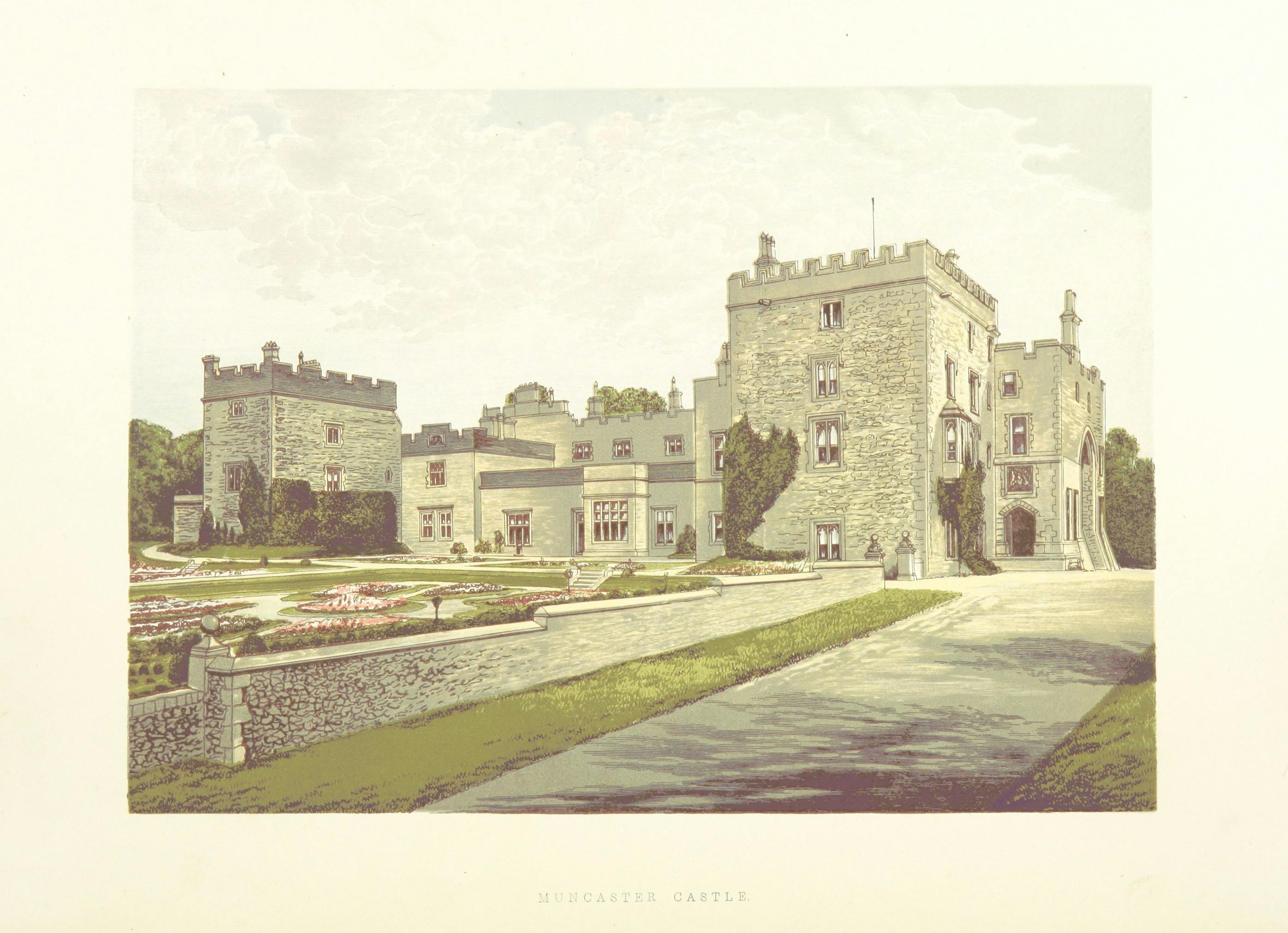 A color drawing of Muncaster Castle in England, including formal gardens