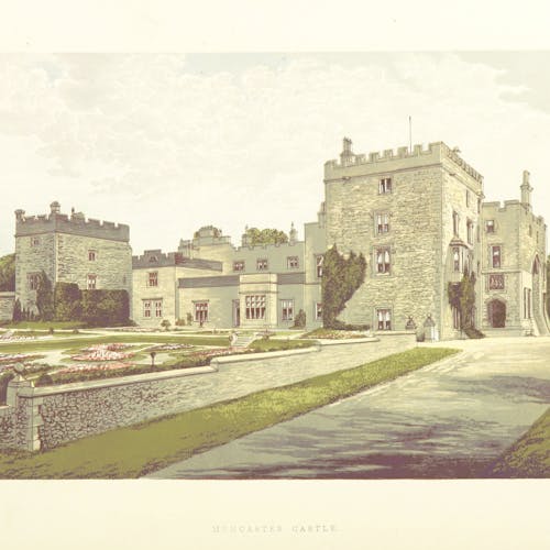 A color drawing of Muncaster Castle in England, including formal gardens