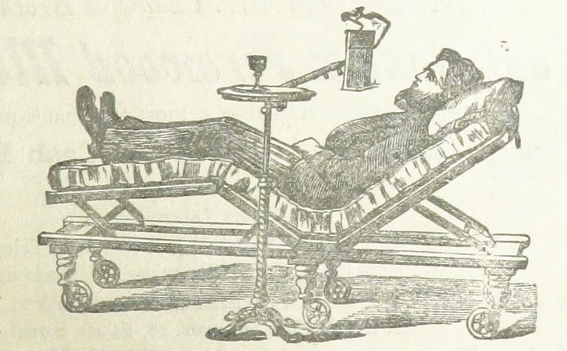 A drawing of a Victorian-era man in a suit, reclining on a wheeled hospital-type bed and with a small table next to him with a drink on it.