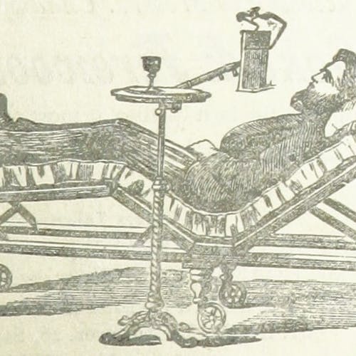 A drawing of a Victorian-era man in a suit, reclining on a wheeled hospital-type bed and with a small table next to him with a drink on it.