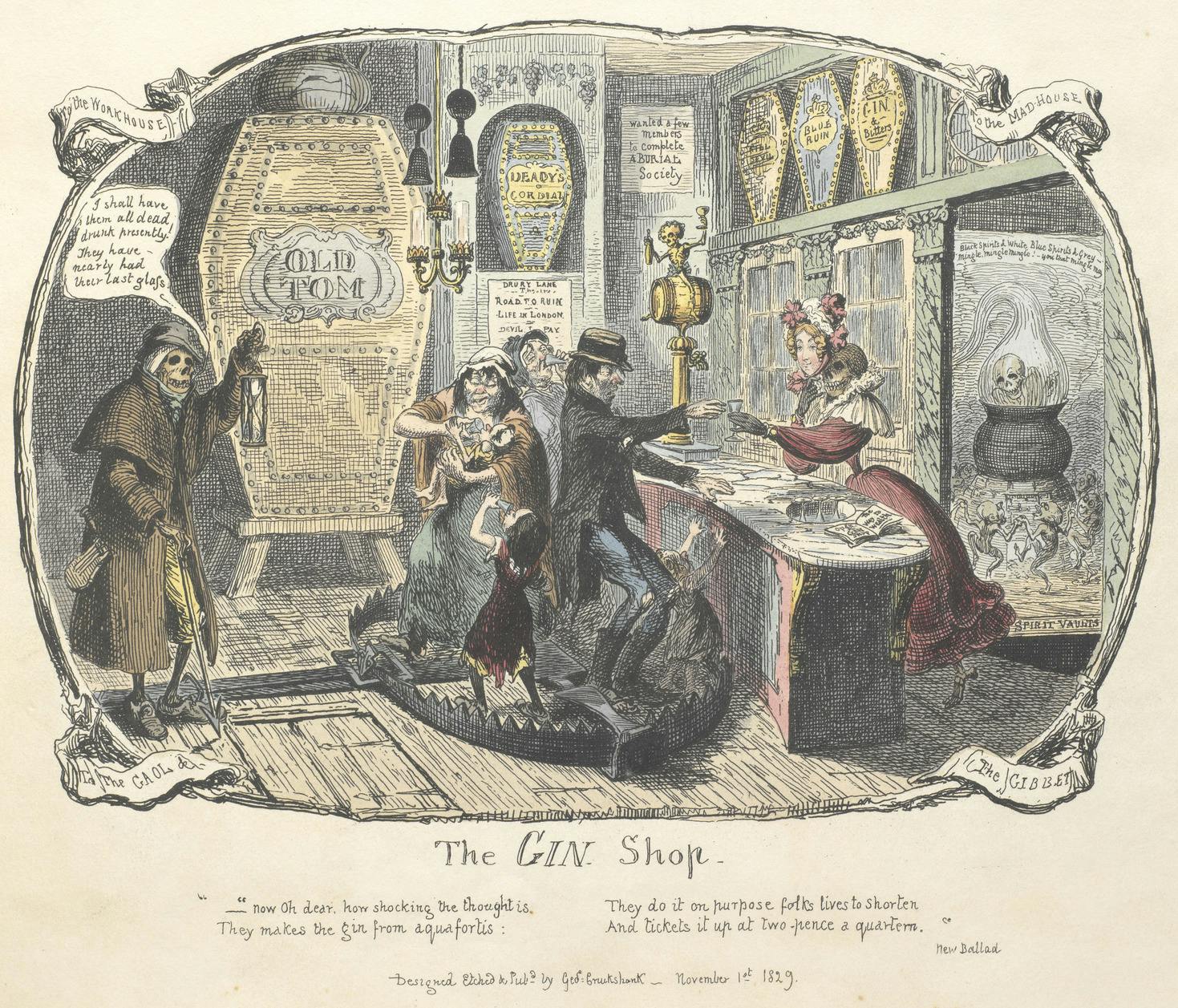 1829 illustration of people at an illicit gin joint.