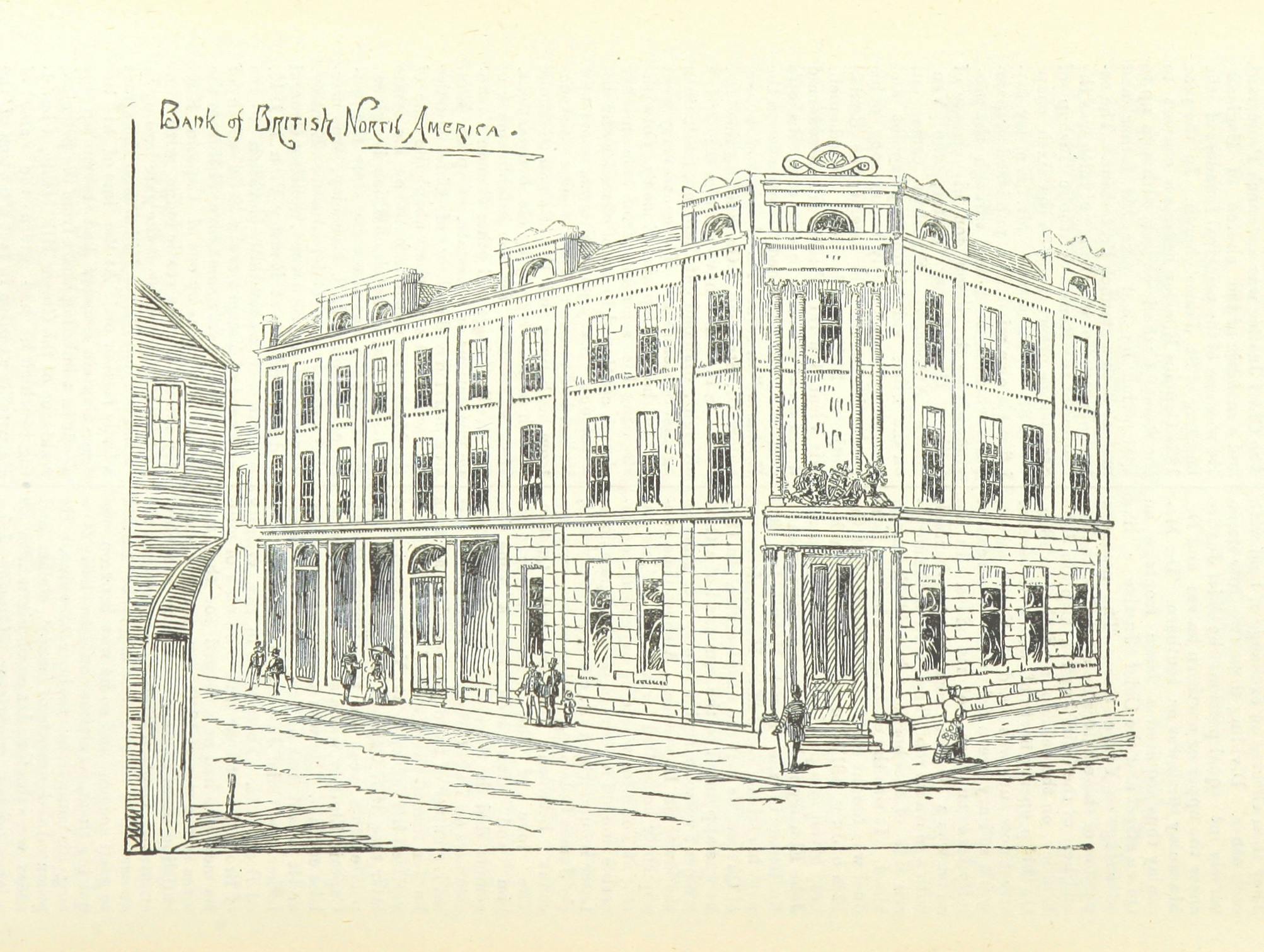 A pencil drawing of the Bank of British North America, with solid, Victorian architecture, a gabled roof, and heraldry above the door.