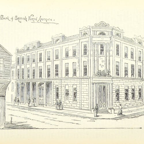 A pencil drawing of the Bank of British North America, with solid, Victorian architecture, a gabled roof, and heraldry above the door.