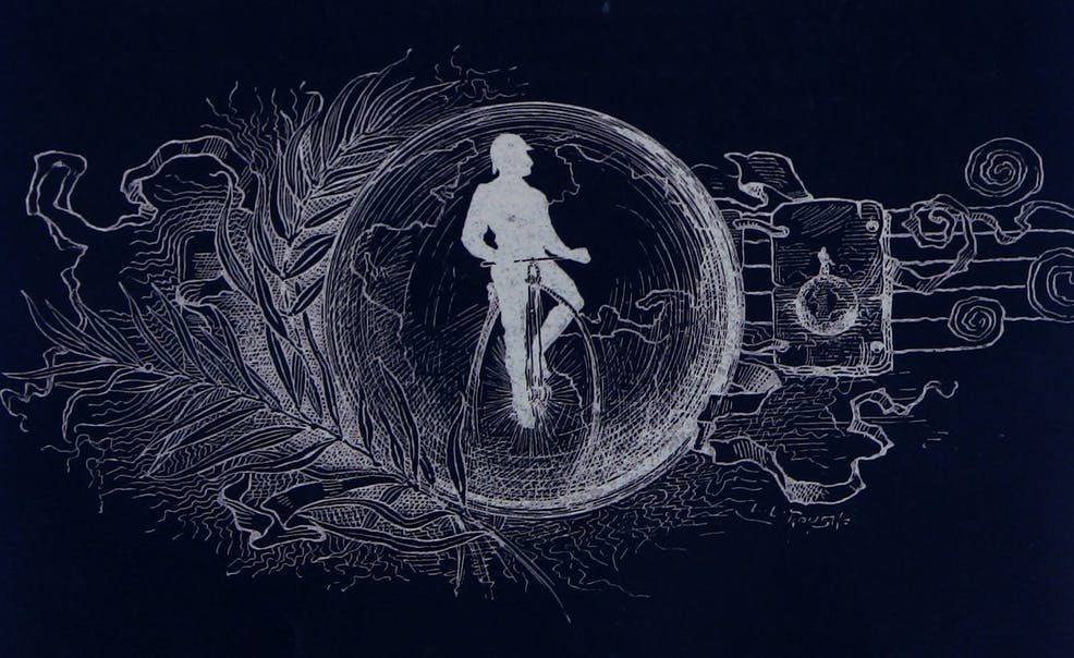 A drawing of a man on a penny farthing bicycle. He is wearing a helmet and the drawing is inside a world-shaped globe.