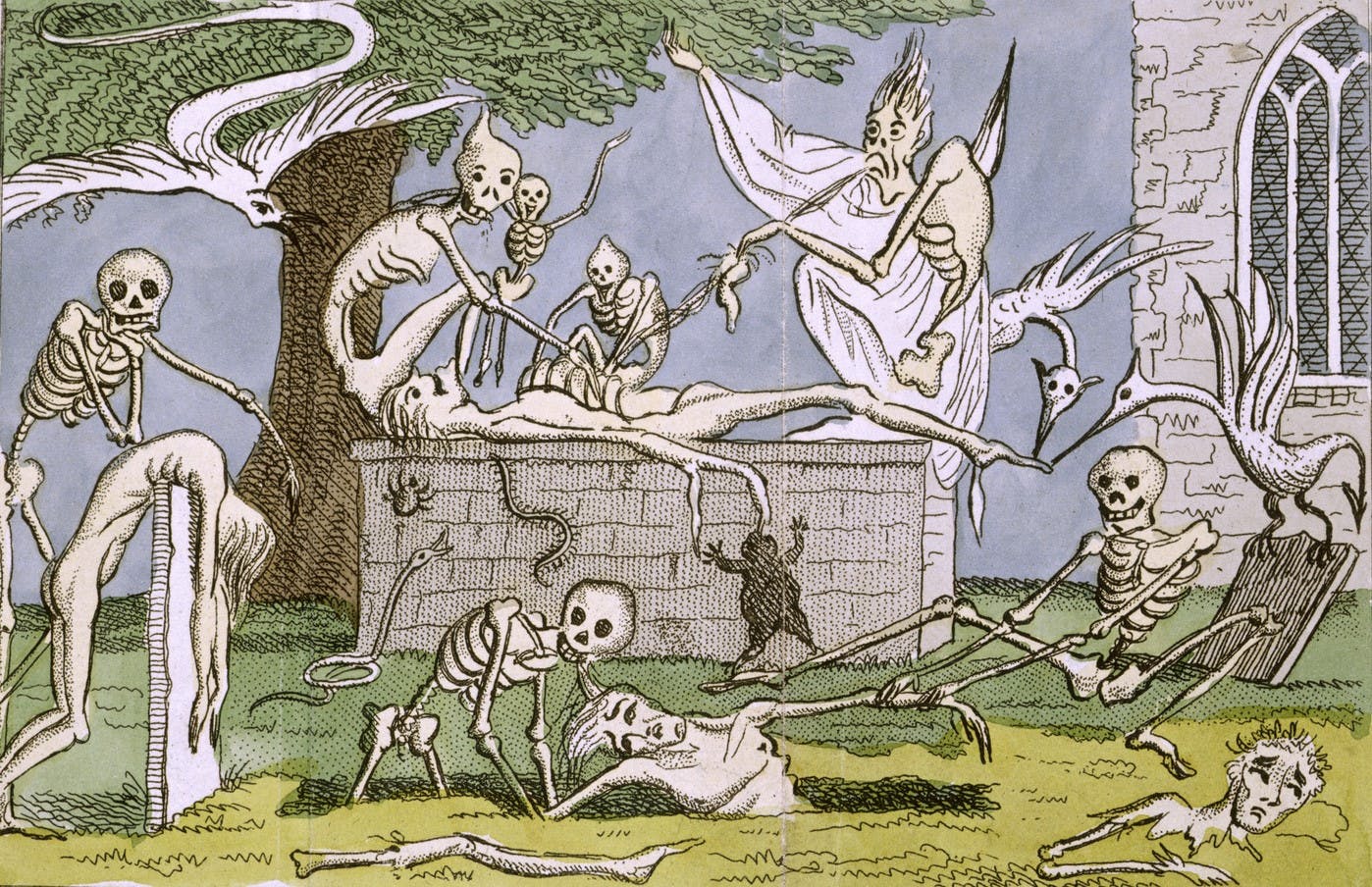 A color drawing of various skeletal specters, gallivanting around a vault tomb in front of a medieval church. They seem to be pulling at the bodies of two dead people: one on top of the tomb and another in a grave in front of it. Ghoulish!