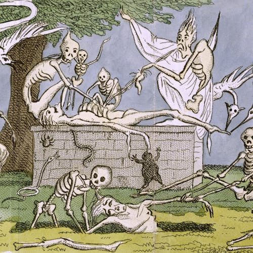 A color drawing of various skeletal specters, gallivanting around a vault tomb in front of a medieval church. They seem to be pulling at the bodies of two dead people: one on top of the tomb and another in a grave in front of it. Ghoulish!