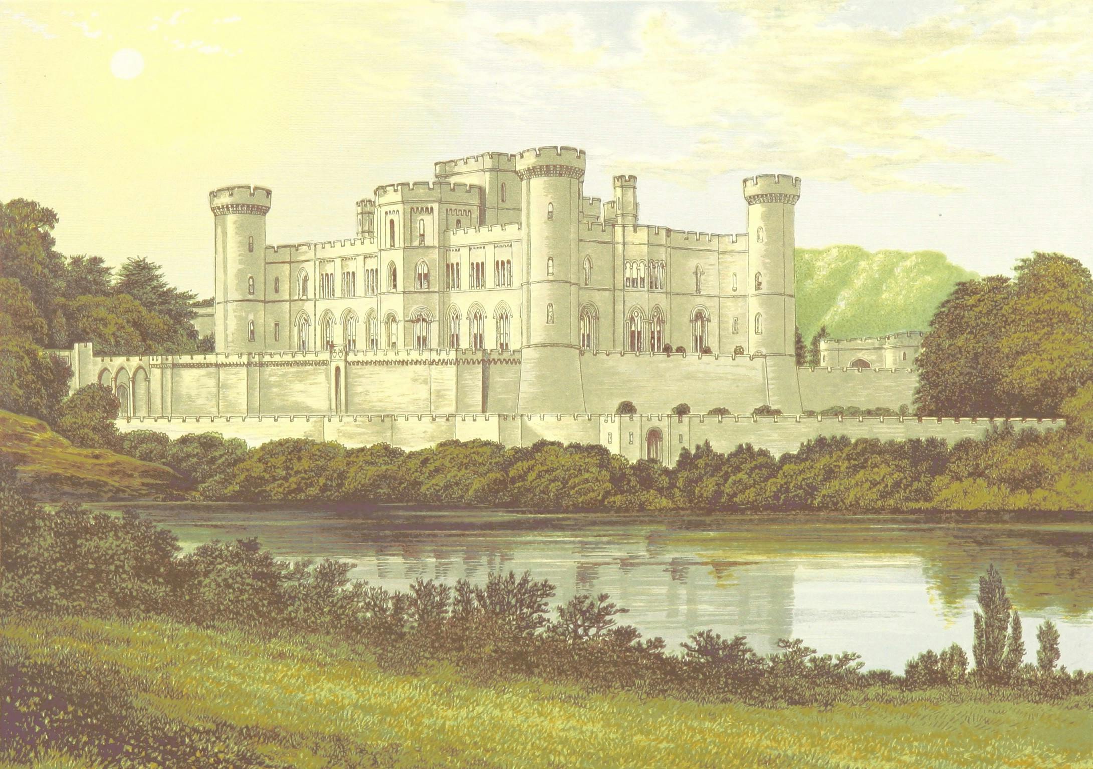 Image of a large, white castle with towers and crenellation, sitting near a small lake and surrounded by trees and shrubs.