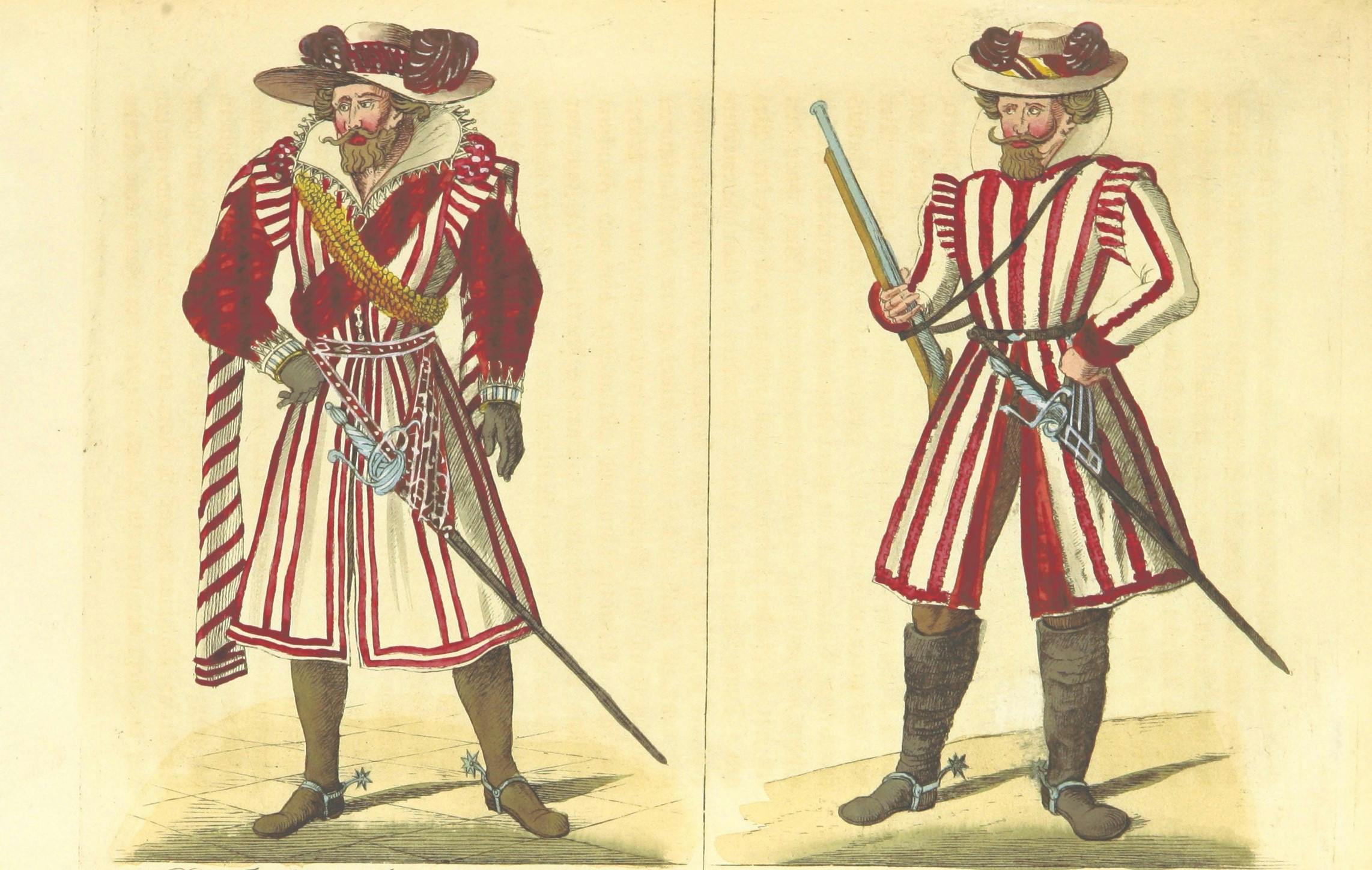 Side-by-side drawings of men in red-and-white striped military dress, with spurs and embellished hats.