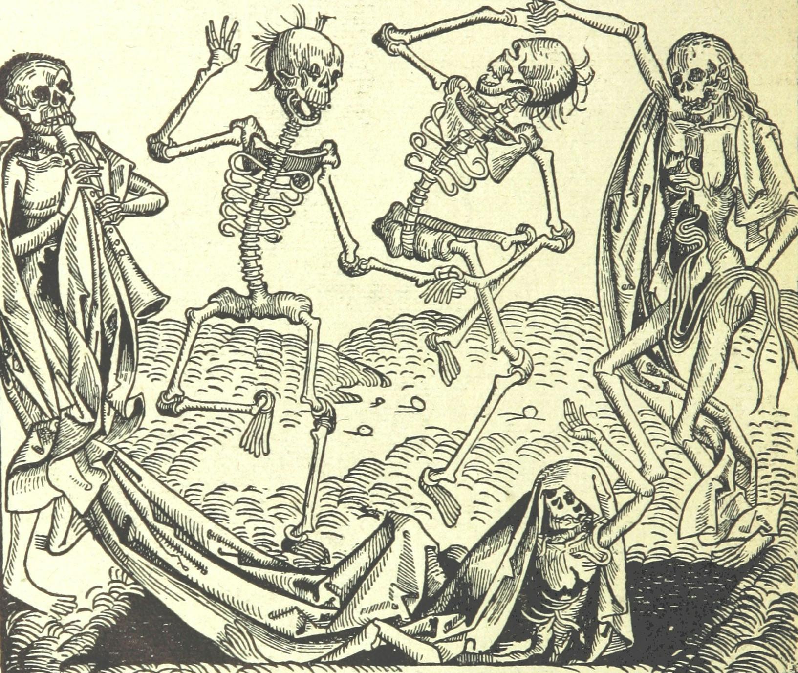 Drawing of five skeletons cavorting to the sound of a spectral wood instrument. 