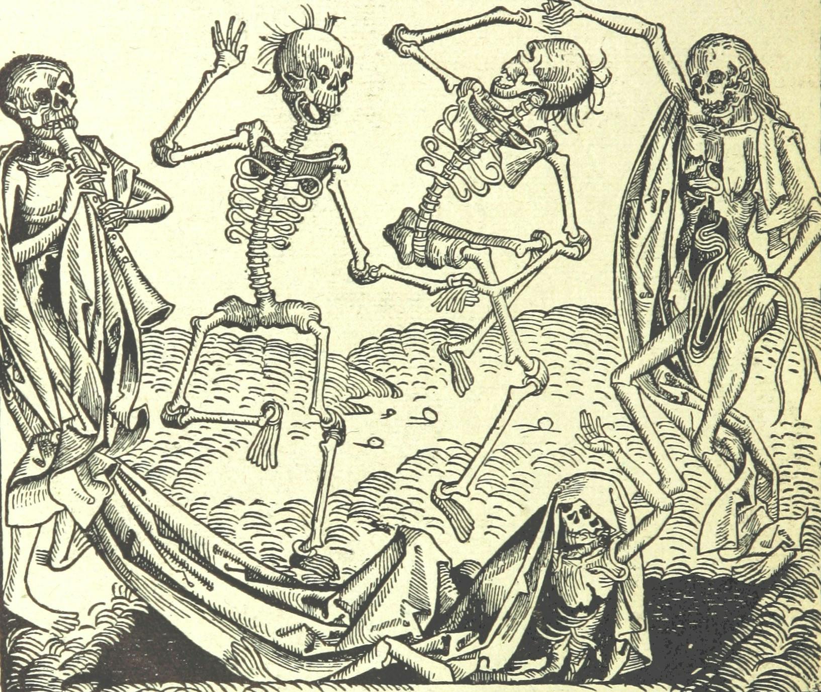 Drawing of five skeletons cavorting to the sound of a spectral wood instrument.