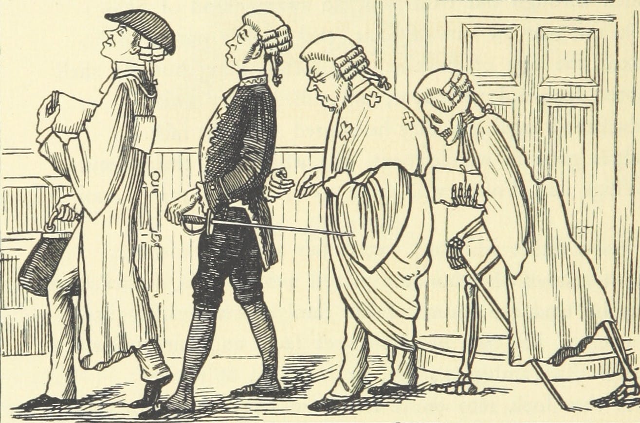 A pencil drawing of four men, in order of age, walking down a hall. The final man is a skeleton.