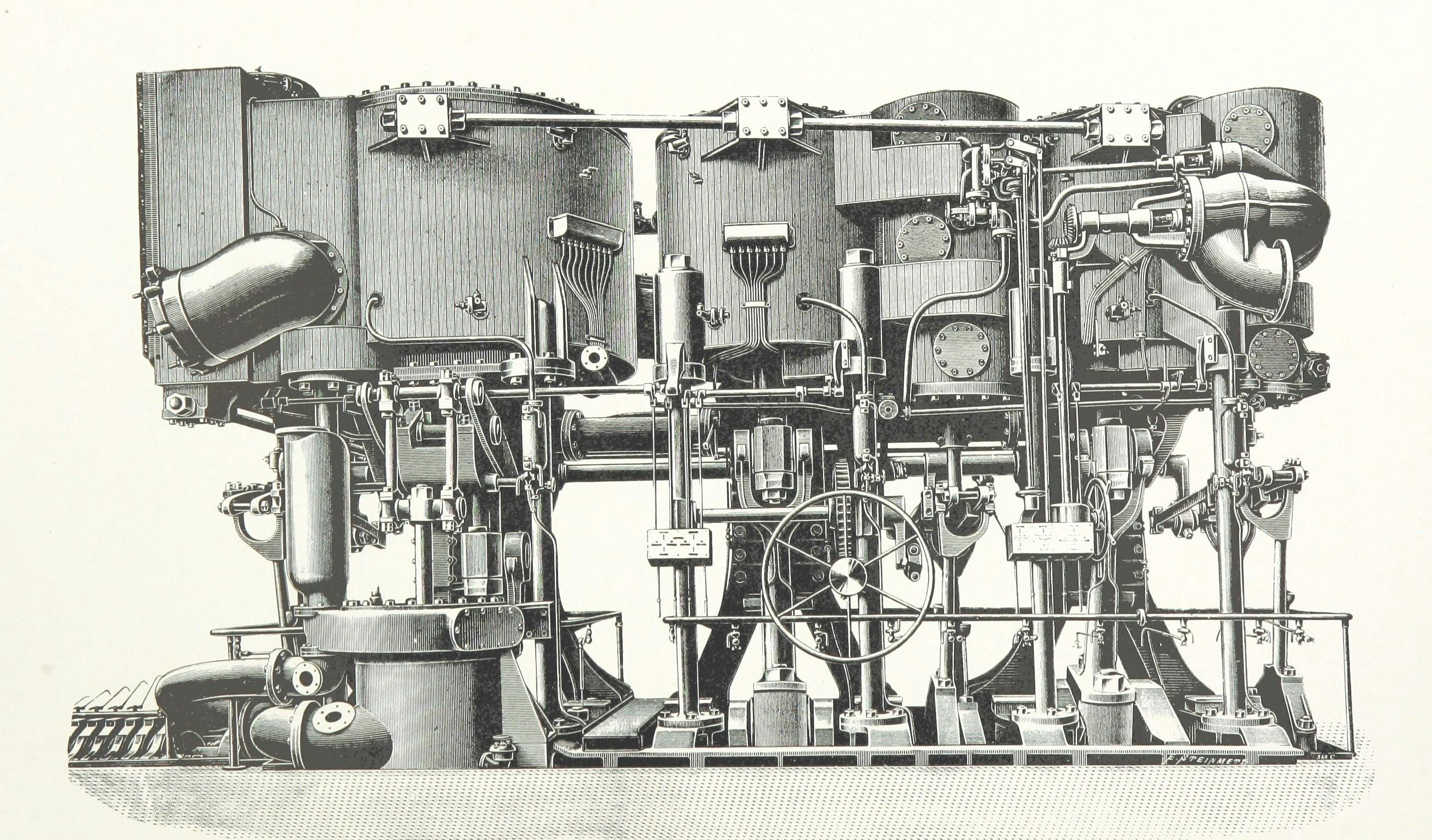 A black-and-white, old-time drawing of a complicated machine.