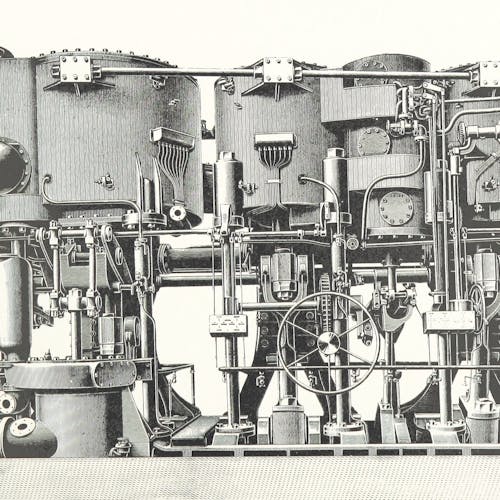 A black-and-white, old-time drawing of a complicated machine.