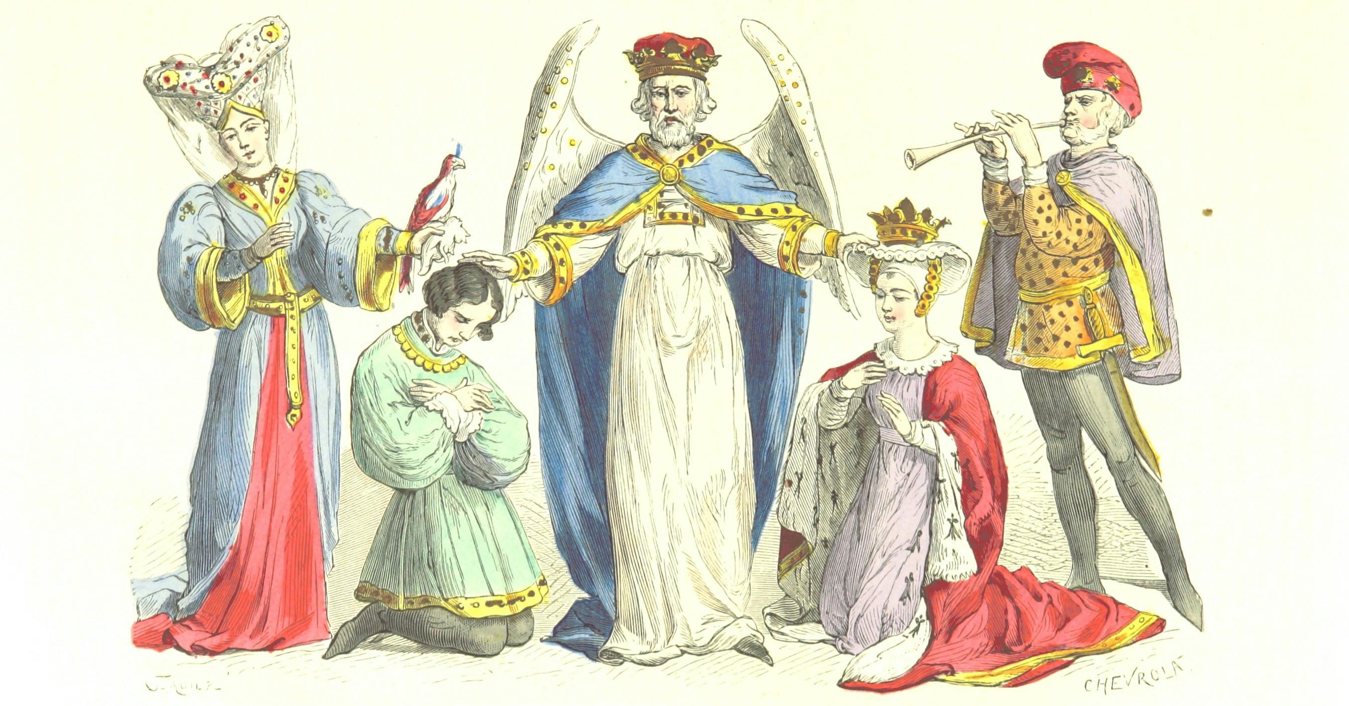 A color drawing of a priest, two celebrants, and a couple getting married.