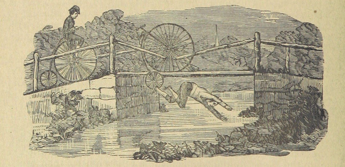 Black-and-white drawing of a man and woman riding penny farthing bicycles over a bridge. The bridge has failed and the man is falling into the river.