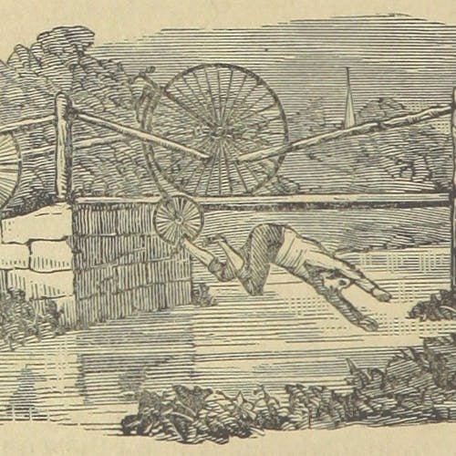 Black-and-white drawing of a man and woman riding penny farthing bicycles over a bridge. The bridge has failed and the man is falling into the river.