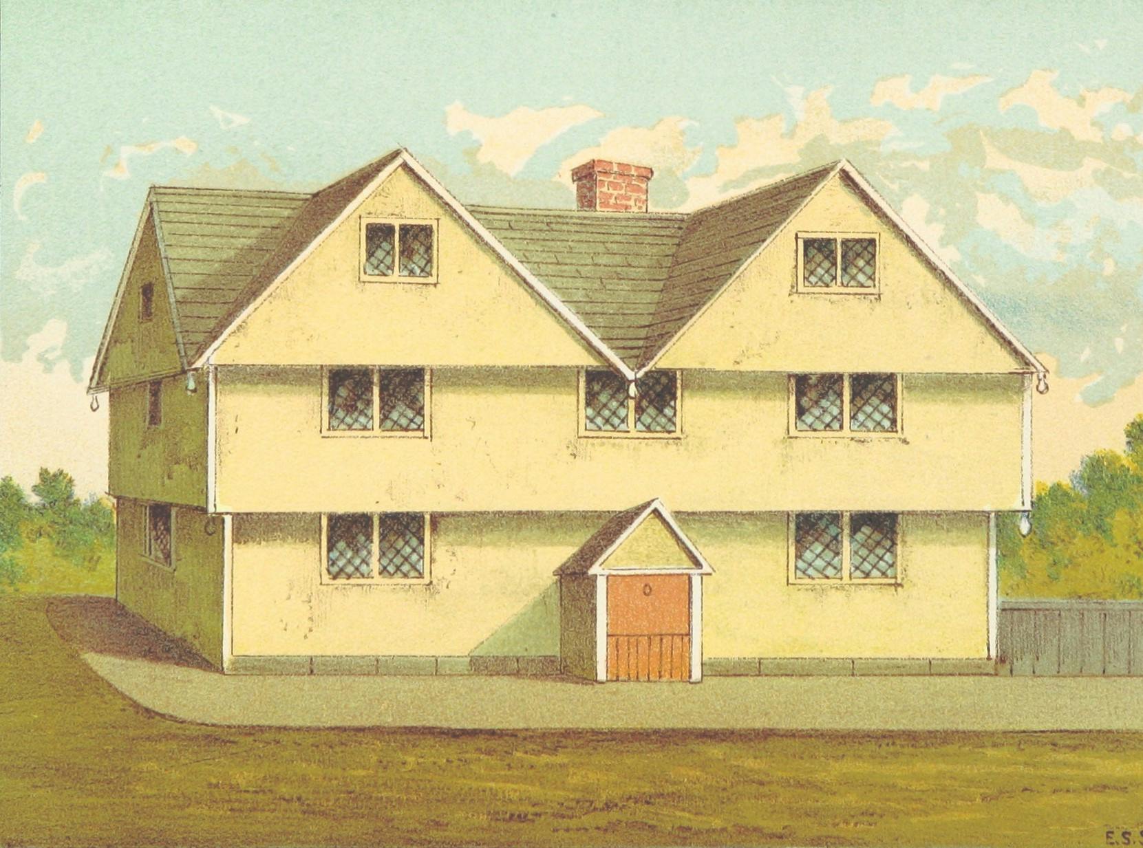 A drawing of a 17th-century wooden American home, with three stories, two gables, a chimeny at the back, and an orange front door. 