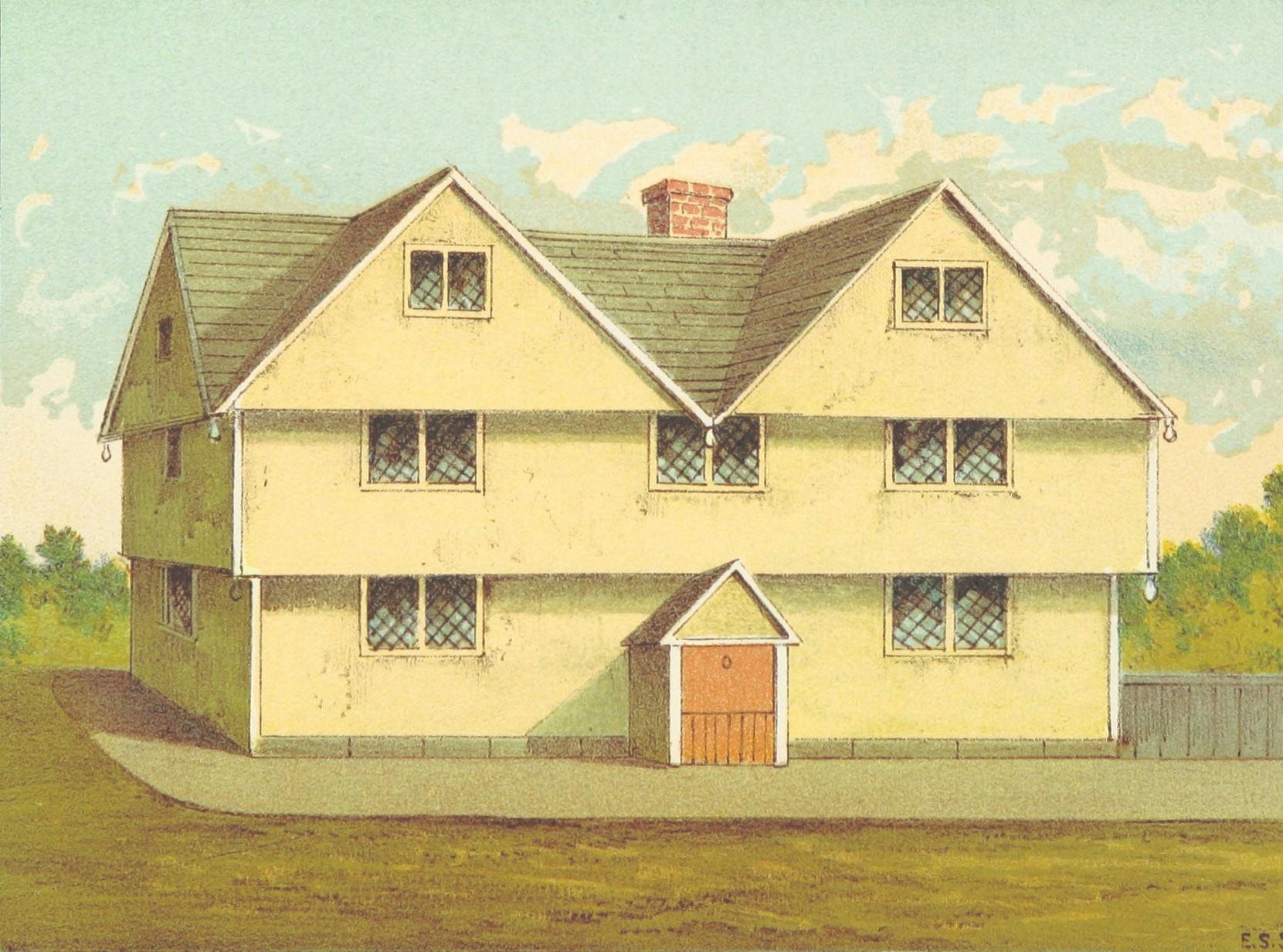 A drawing of a 17th-century wooden American home, with three stories, two gables, a chimeny at the back, and an orange front door.
