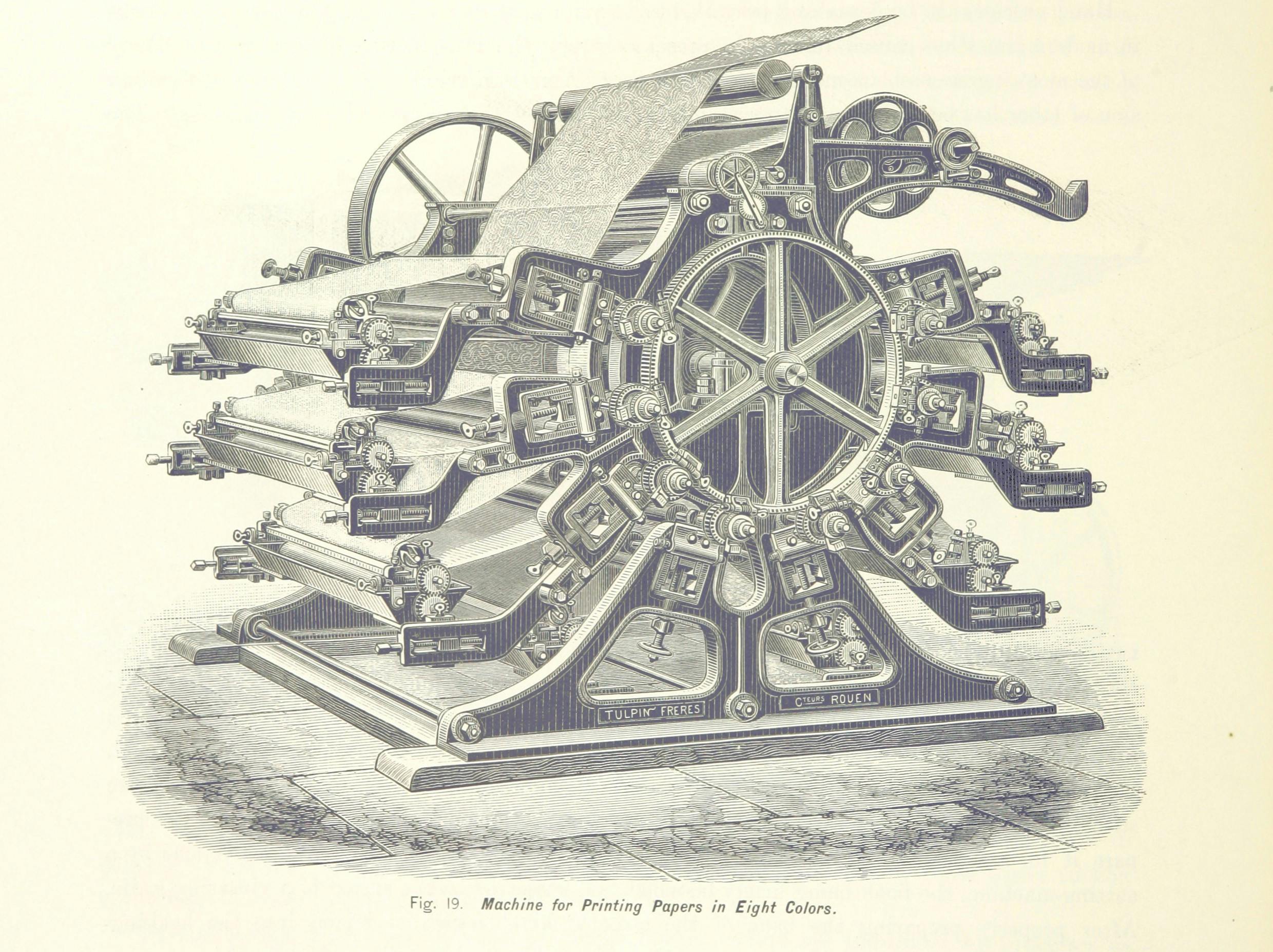 A black-and-white drawing of a machine for printing papers in eight colors. 