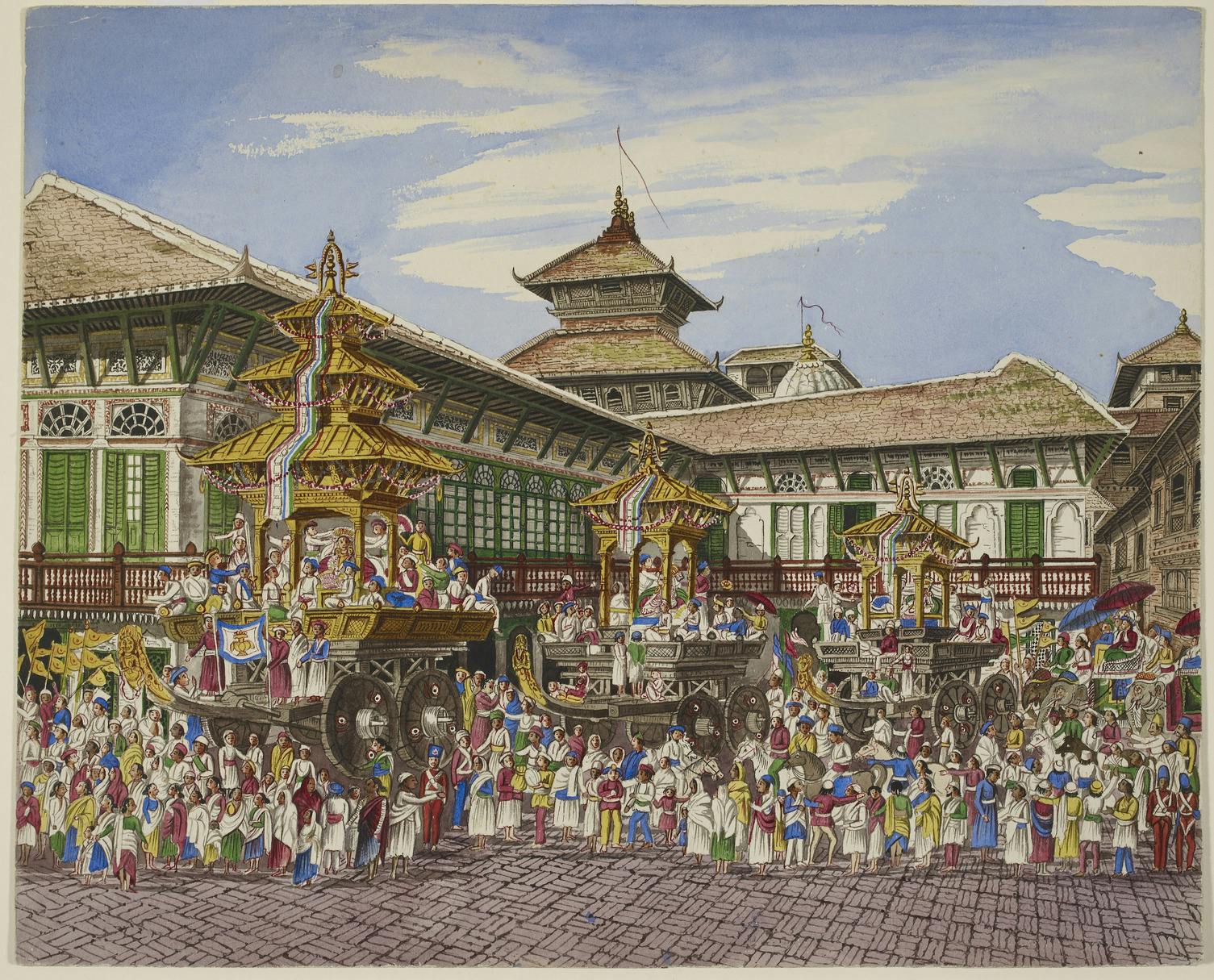 A colorful drawing (with many vibrant blues, reds, greens, and yellows) of an ornate building in India, with many people in the square in front of it, celebrating the festival of Kumari Jatra.