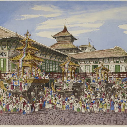 A colorful drawing (with many vibrant blues, reds, greens, and yellows) of an ornate building in India, with many people in the square in front of it, celebrating the festival of Kumari Jatra.