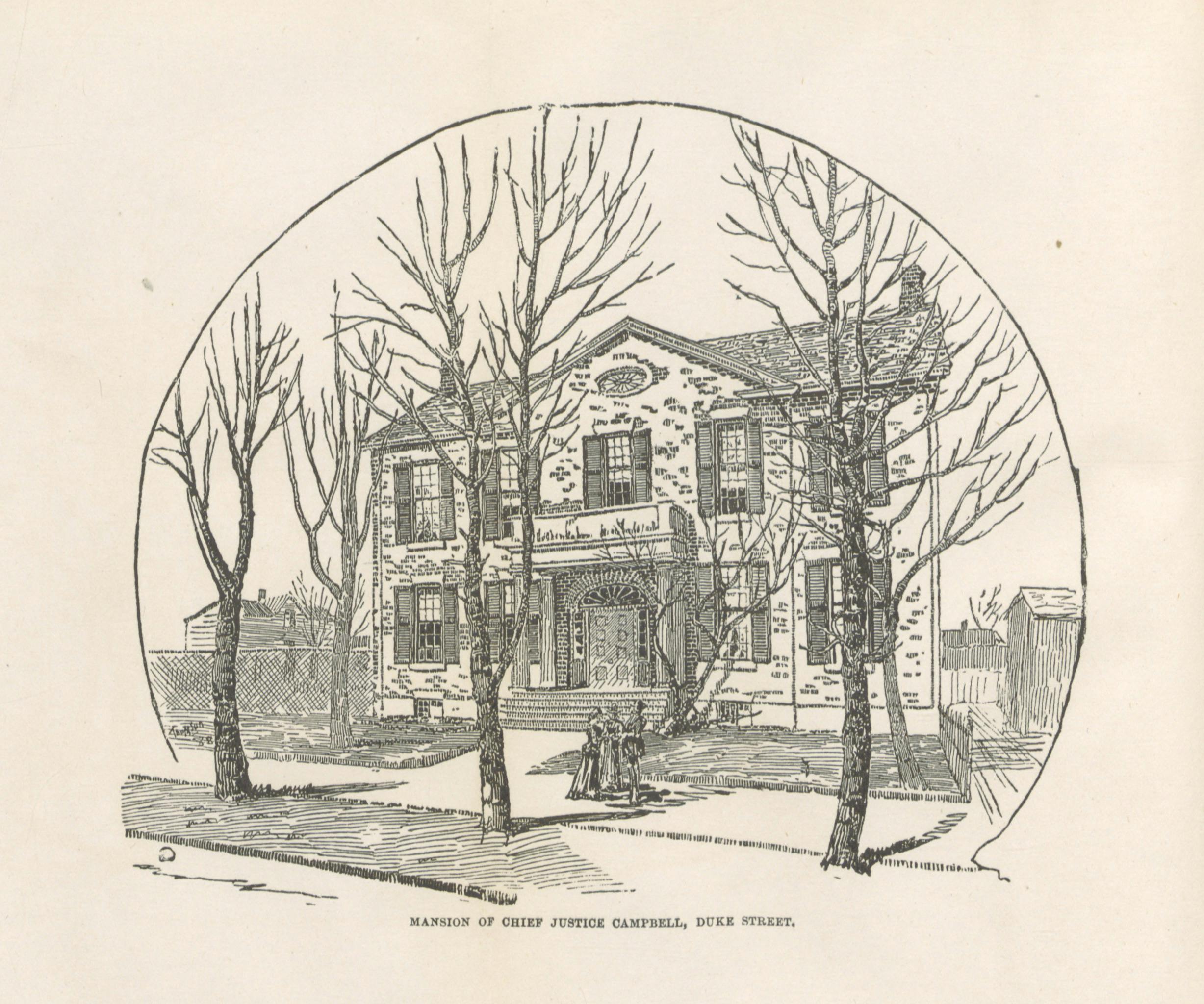 A pencil drawing of a two-story white house with a sidewalk and winter trees in front of it.