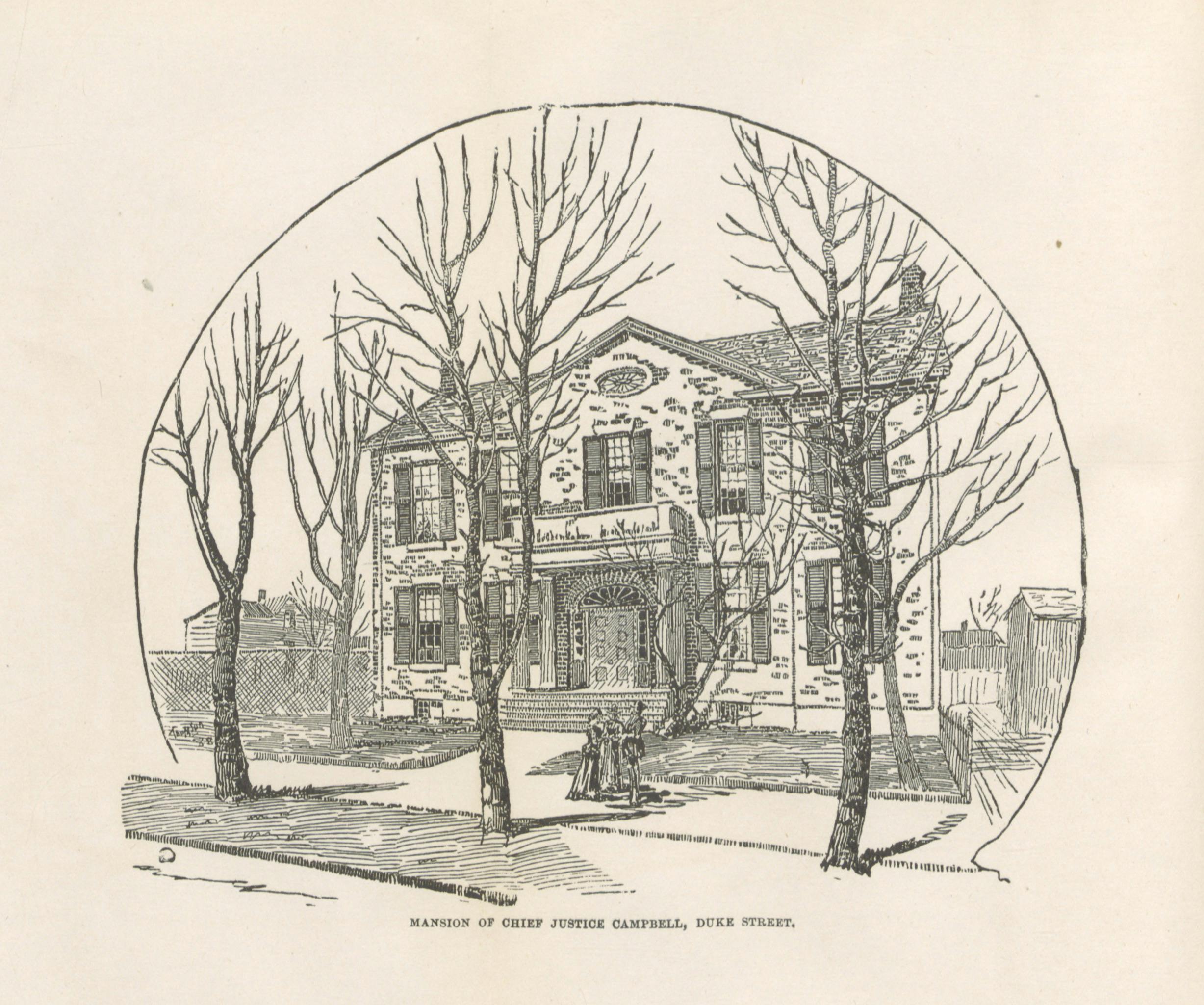 A pencil drawing of a two-story white house with a sidewalk and winter trees in front of it. 