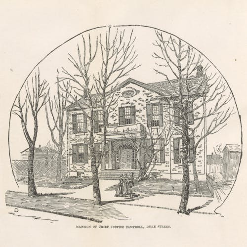 A pencil drawing of a two-story white house with a sidewalk and winter trees in front of it. 