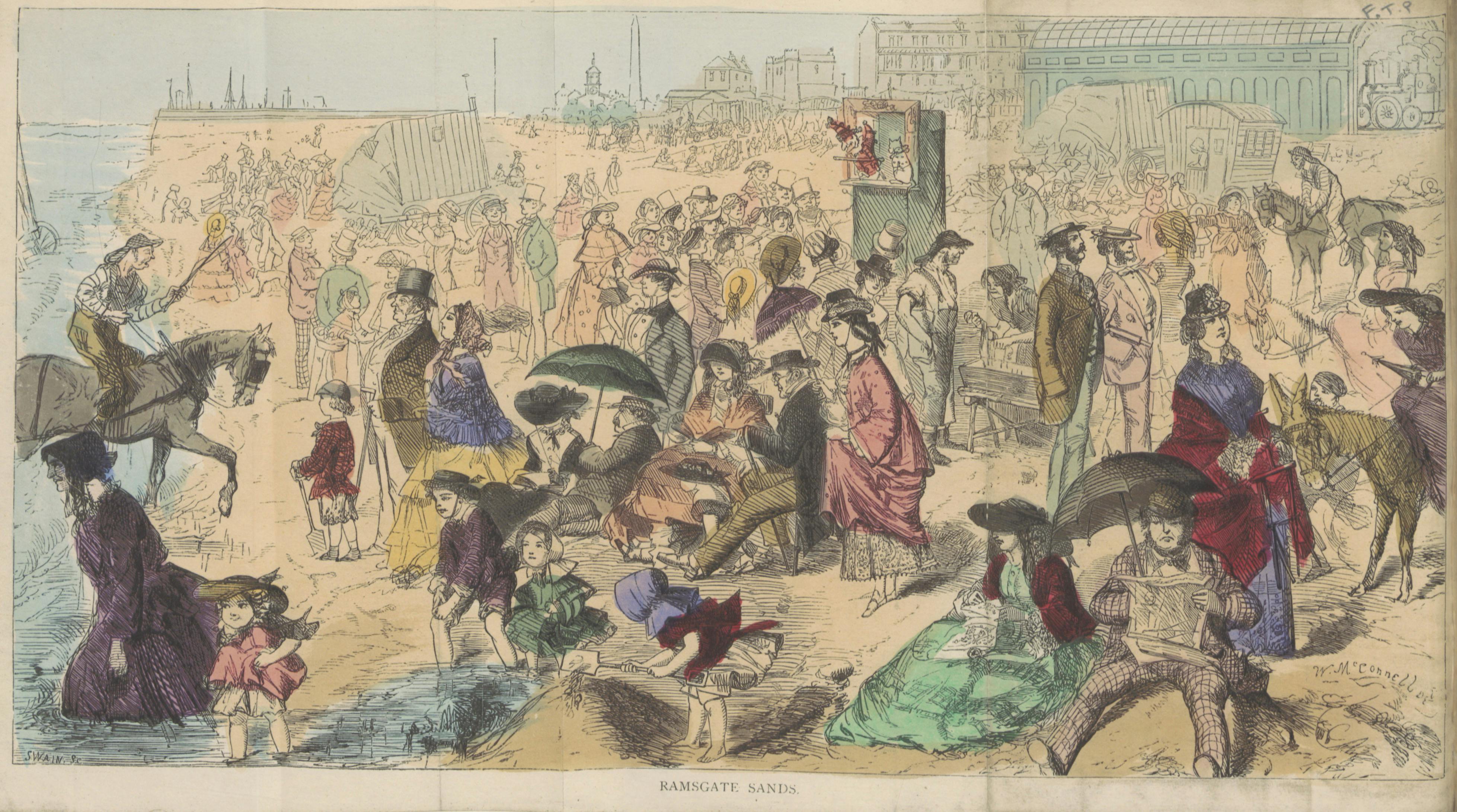 A color drawing of a sandy beach filled with Victorian-clothed people from young to old, and including horses, a puppet show, and food and drink.