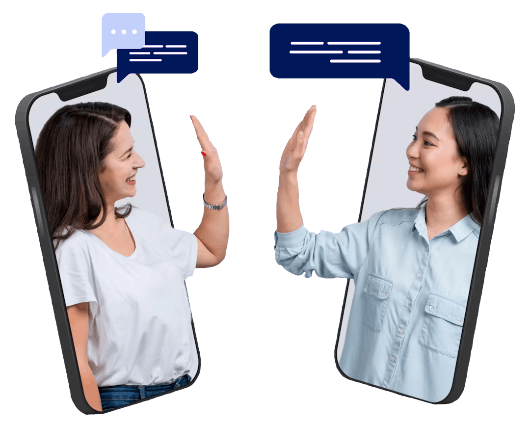 Two woman on phones, hi-fiveing