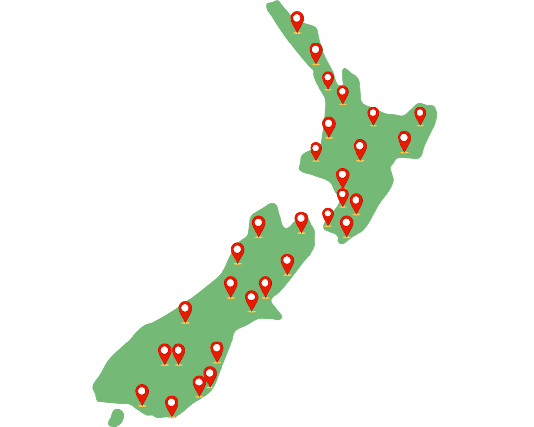 A map of New Zealand sprinkled with location icons