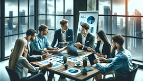 New Zealand property managers sharing insights and learning in a modern office with cityscape views.