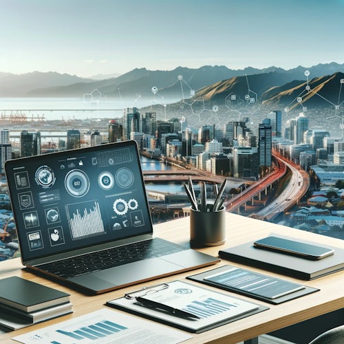 Modern property management office desk with laptop, documents, charts, and a checklist against a backdrop of New Zealand's cityscape, showcasing urban and suburban properties.