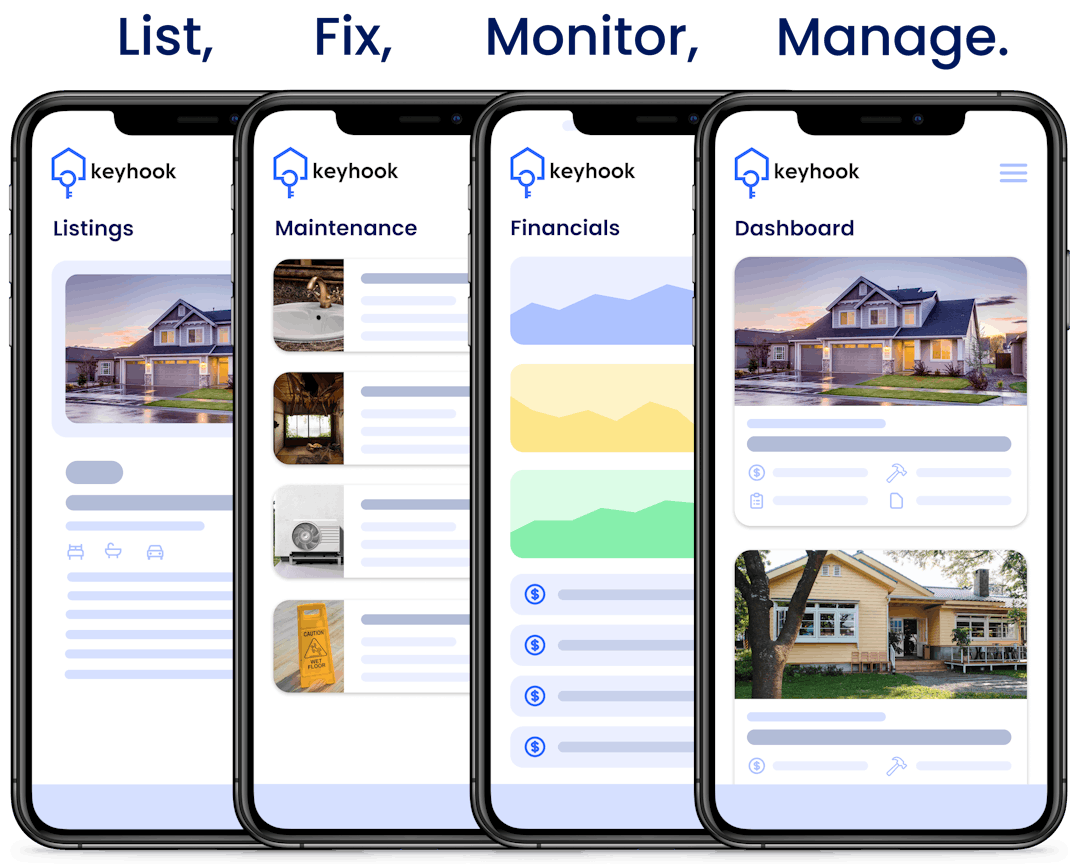 Phone screenshots showing Keyhook's ability to list, fix, monitor and manage a rental property.