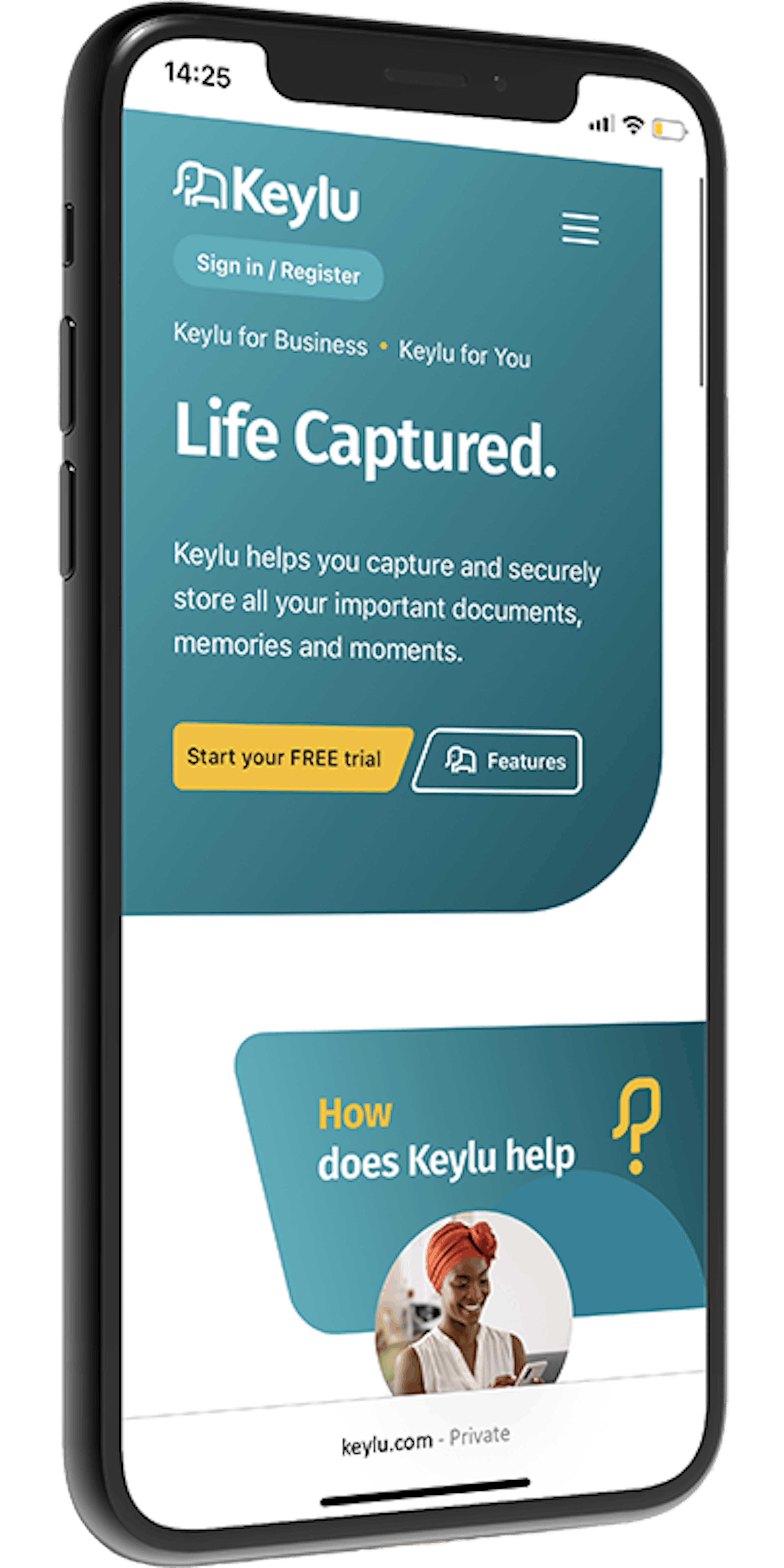 Smart phone displaying Keylu website content